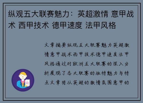 纵观五大联赛魅力：英超激情 意甲战术 西甲技术 德甲速度 法甲风格