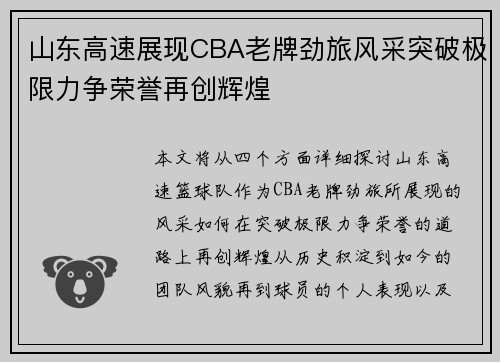 山东高速展现CBA老牌劲旅风采突破极限力争荣誉再创辉煌
