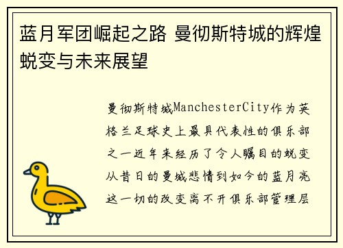蓝月军团崛起之路 曼彻斯特城的辉煌蜕变与未来展望